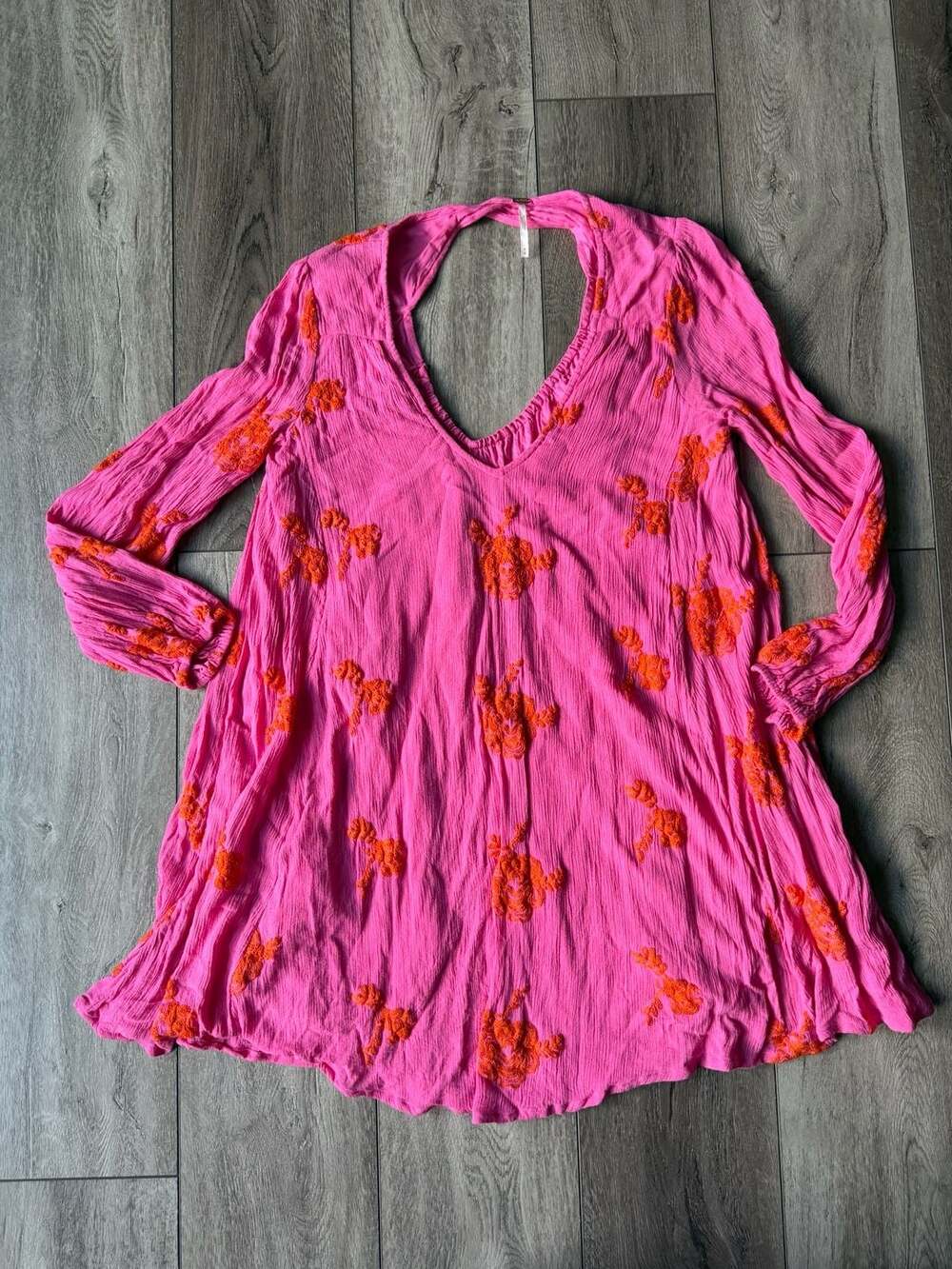 Free People Pink Orange Embroidered Gauzy Cut Out Long Sleeve Mini Dress Medium